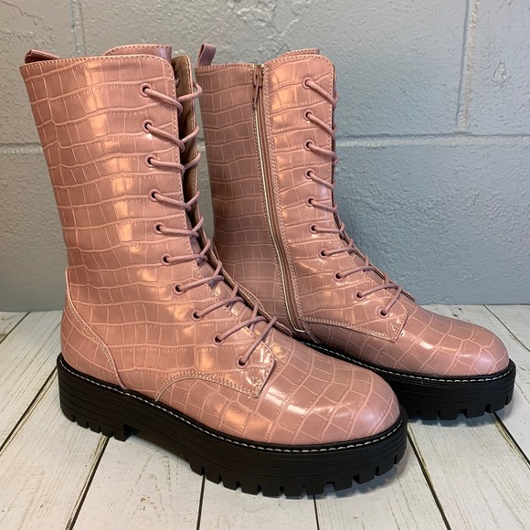 Sugar By Belk Shoes - NEW Sugar By Belk Womens Pink Croc Emboss Combat Boots Size 10 M SGR Limelight